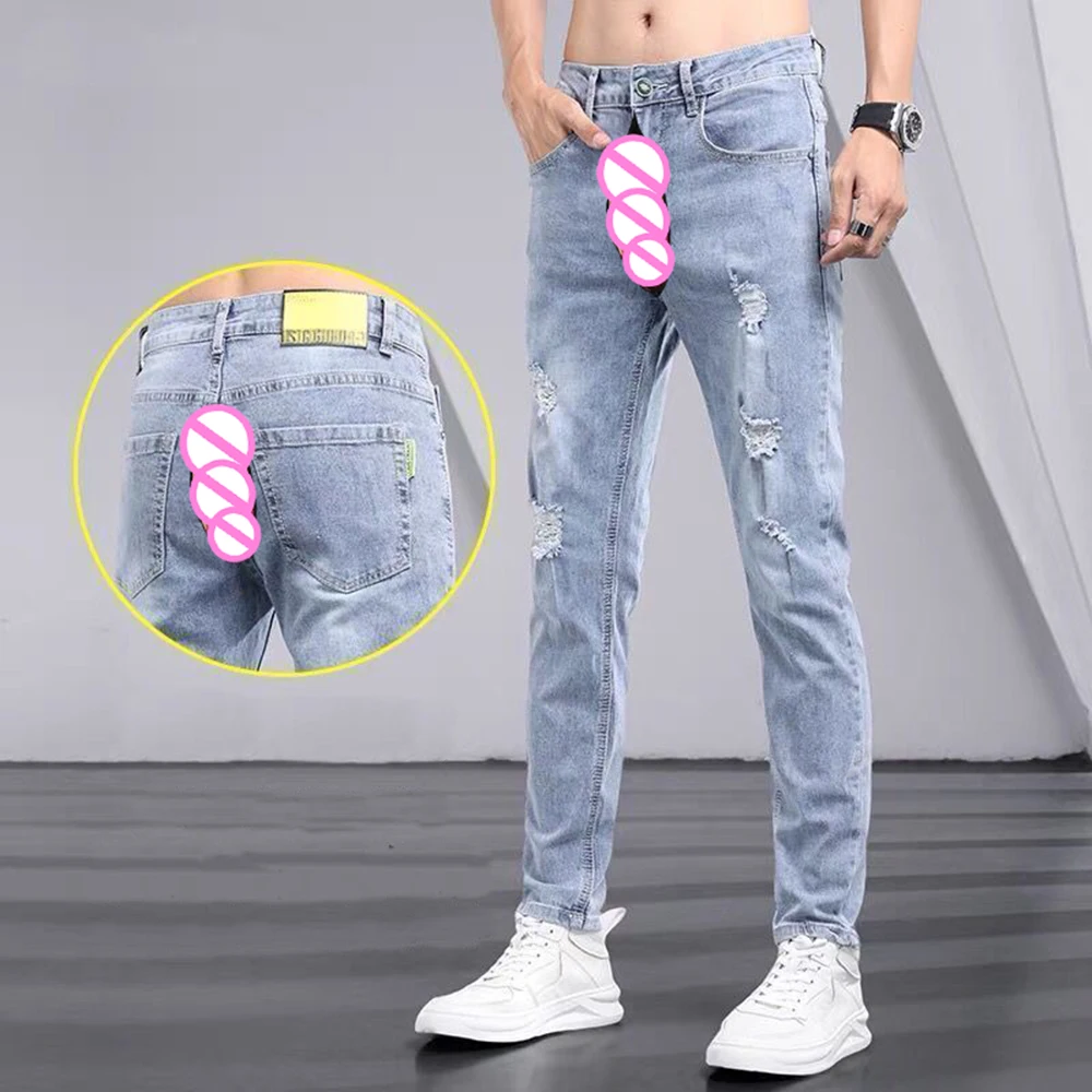 Classic Invisible Open Crotch Outdoor Sex Casual Denim Straight Slim Jeans Men's Stretch Pants Exoticism Trend Multiple Styles