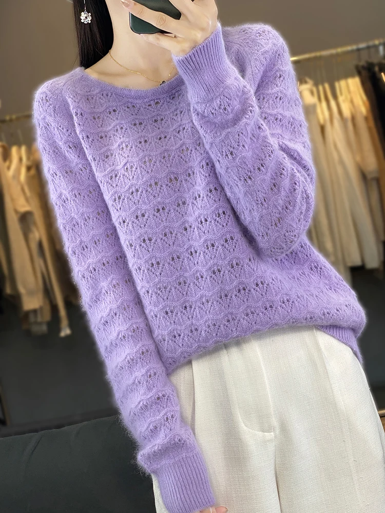 Women's Mink Cashmere Sweater O-Neck Pullover Spring Autumn New Knitted Top Long Sleeve Jumper Hollow Female Clothing Soft Warm