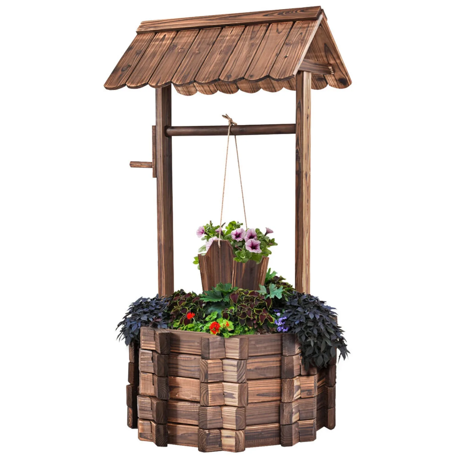 

US Outdoor Wooden Wishing Well Bucket Flower Plants Planter Patio Garden Home Decor