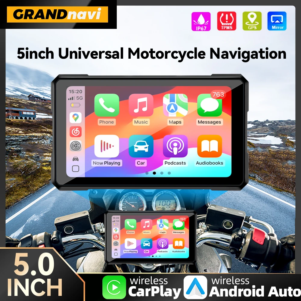 

5" Portable Motorcycle Navigation GPS Wireless Carplay&Android Auto Moto Monitor IP67 Waterproof Dustproof Display Bluetooth 5.0
