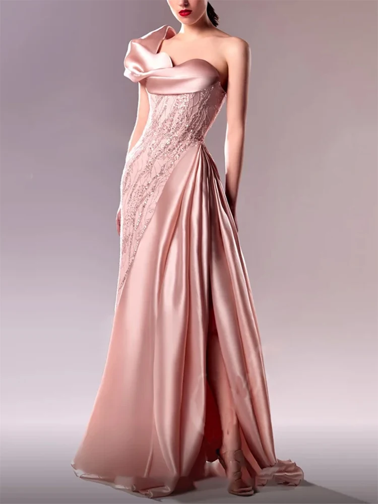 Luxury Pink One-Shoulder Formal Evening Dresses Lace Applique Ruffle Side Slit Prom Dresses Customized robe soirée