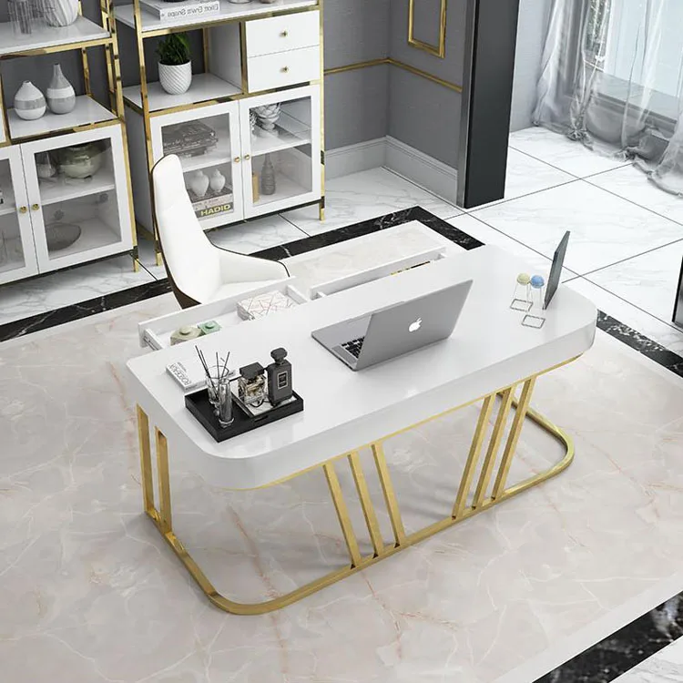 Nordic light luxury white paint desktop computer office desk gold-plated craft table legs reception table