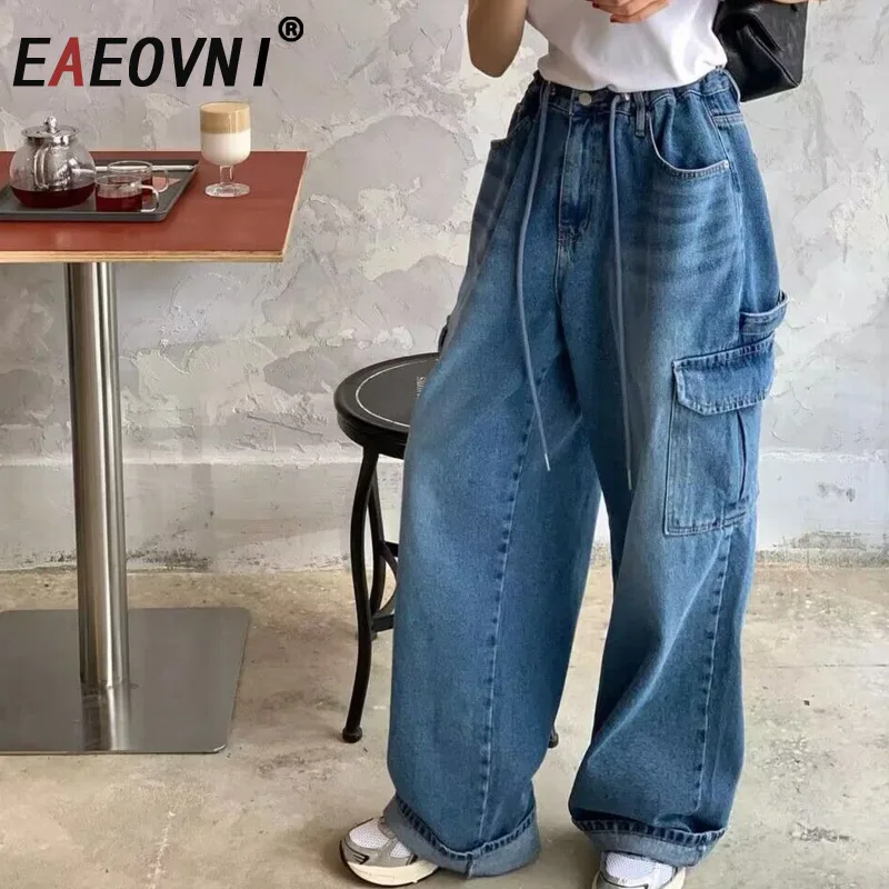 Eeonovni azul denim calças compridas mulheres streetwear cordão design bolsos emendados solto perna larga jeans roupas de moda