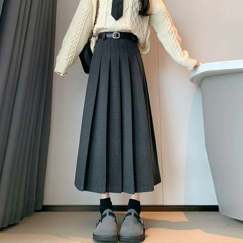 

Women's High Waist Pleated Skirt 2025 Autumn Winter Streetwear All-Match Long Skirt Woman Vintage Thicken Woolen Midi Skirts