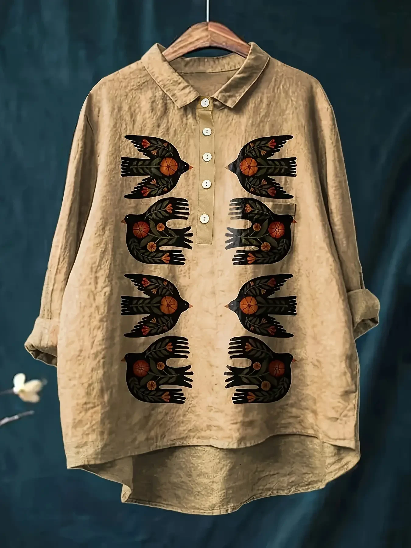 

Ladies' casual loose fit floral printed button up shirt - Brown, brown ethnic bird pattern top shirt roupas masculinas