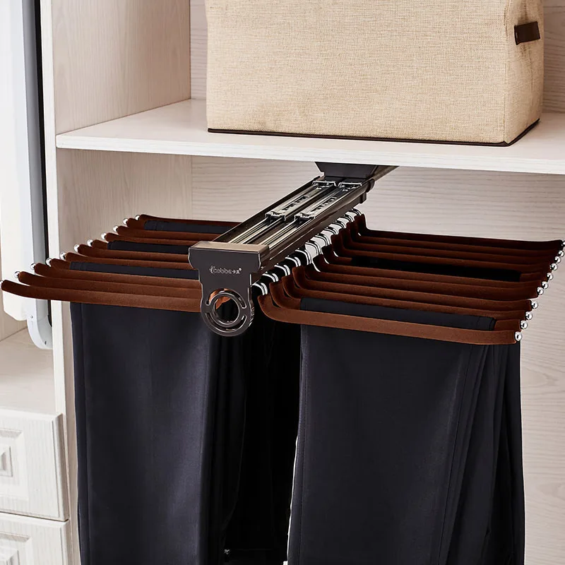 Wardrobe Clothing Holders Trousers Racks Coffee Telescopic Pants Shelves Push-pull Damping Cabinet Clothes Storage Rack