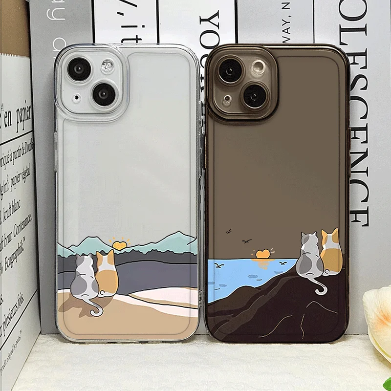 

Funny Cartoon Cat Dog Couple Phone Case For iPhone 16 15 14 13 12 11 Pro Max Mini X XS SE 7 8 Plus 16E Shockproof Non-Slip Cover