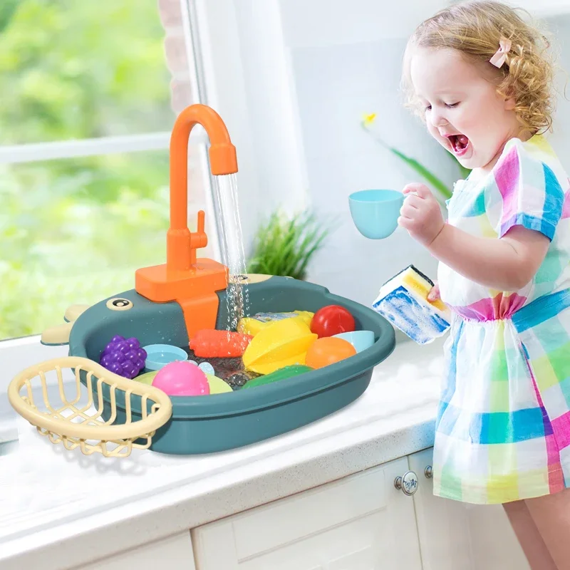 Kids Kitchen Sink Toys Simulation Electric Dishwasher Mini Kitchen Food Pretend Play House Toy Set Children Role Play Girl Toys