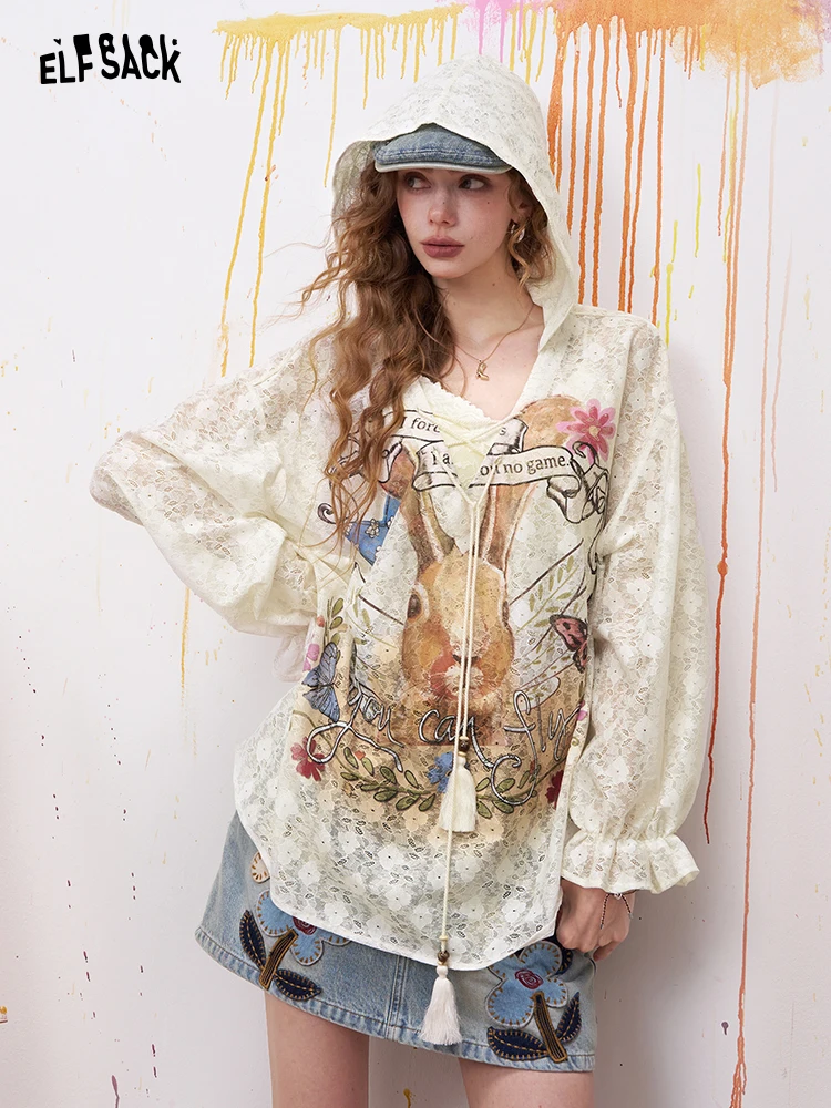 

Artist's Hollow out Lantern Sleeve Lace Shirt Women's Summer Cover up Loose Fit Casual Style Polyester And Spandex Blend