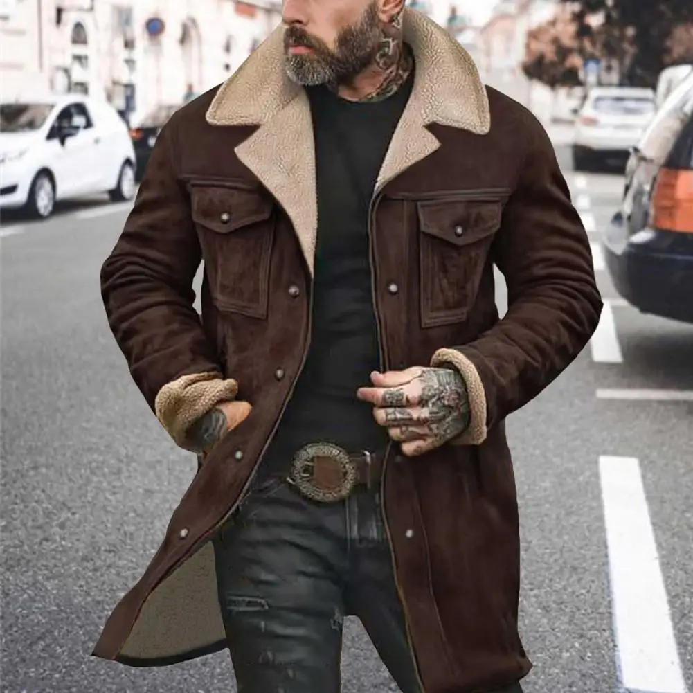 

Men Wool Coat Stylish Men's Woolen Coat with Lapel Multi Pockets Vintage Suede Cowboy Jacket with Plush Collar Retro for Autumn
