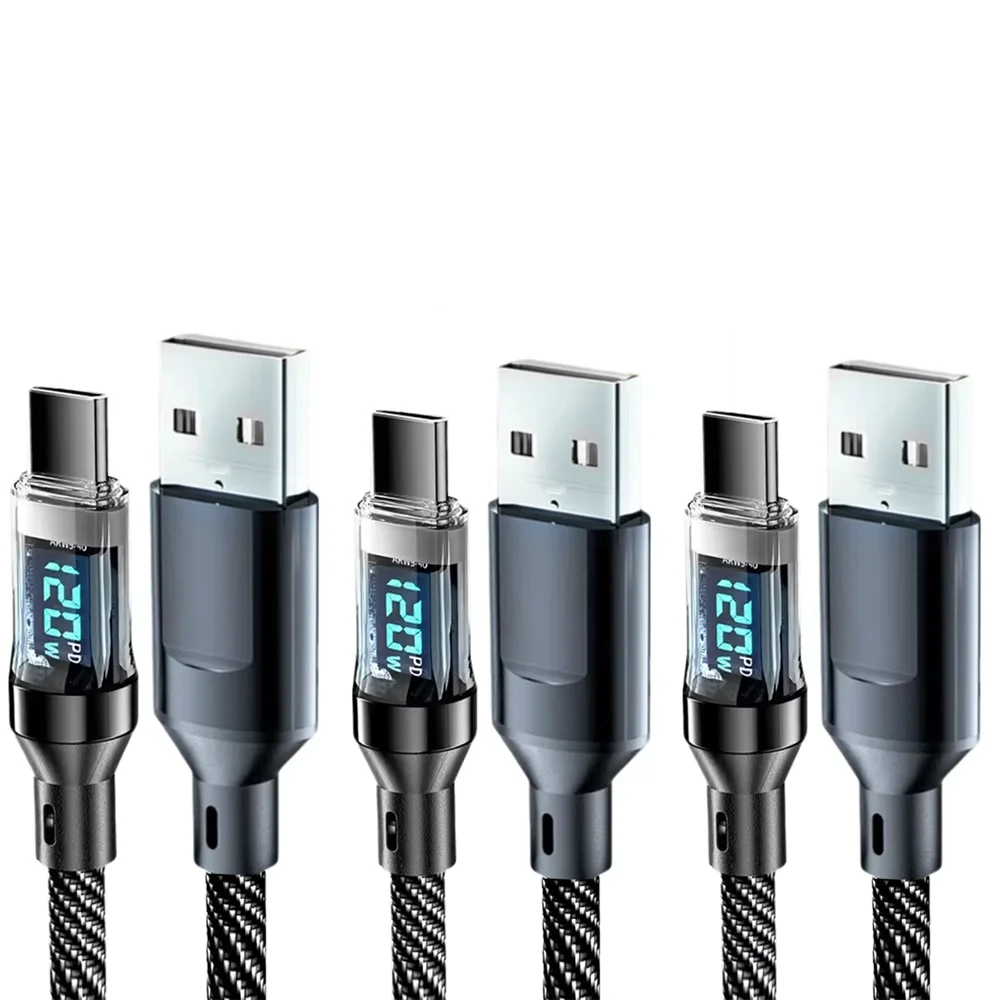 NNBILI 1-3 Stück 120W C-zu-C- und A-zu-C-Kabel, Superschnelles Ladekabel mit LED-Anzeige, Datenkabel für Huawei, OPPO, VIVO