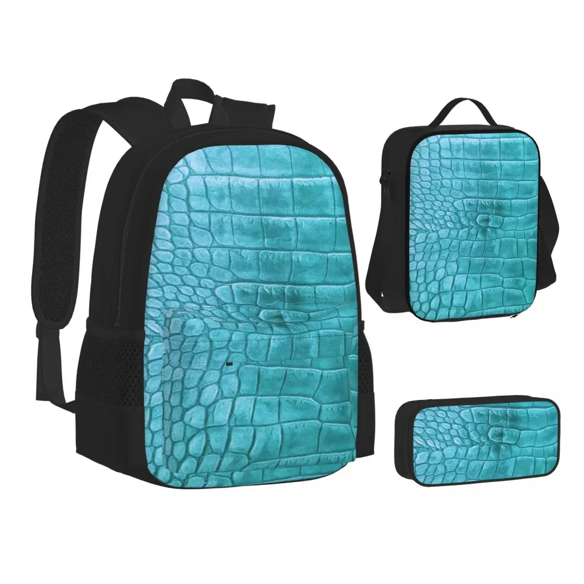 CROCODILE LEATHER BLUE Backpacks Students Bookbag School Bags Children Rucksack Lunch Bag Pen Bag Three-Piece Set