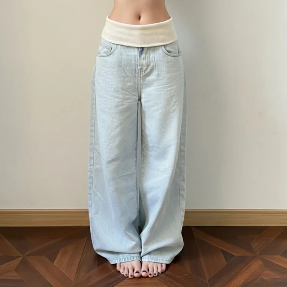 Light Blue Woman' Straight-leg Pants Casual Style Denim Pants Retro Spice Girls Trousers High Waist 2026 Solid Color Jeans