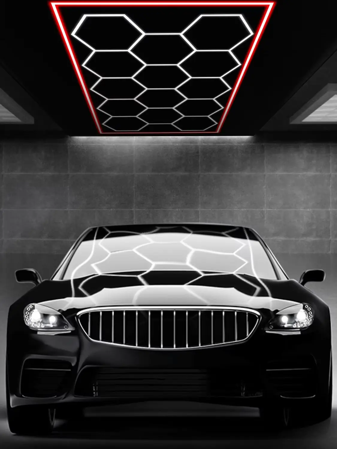 14x Sechseckige Garagenbeleuchtung LED-Deckenleuchten Deckenlampe LED-Lichtröhren, Roter Lichtrahmen für Garage Autoausstellung 6500K