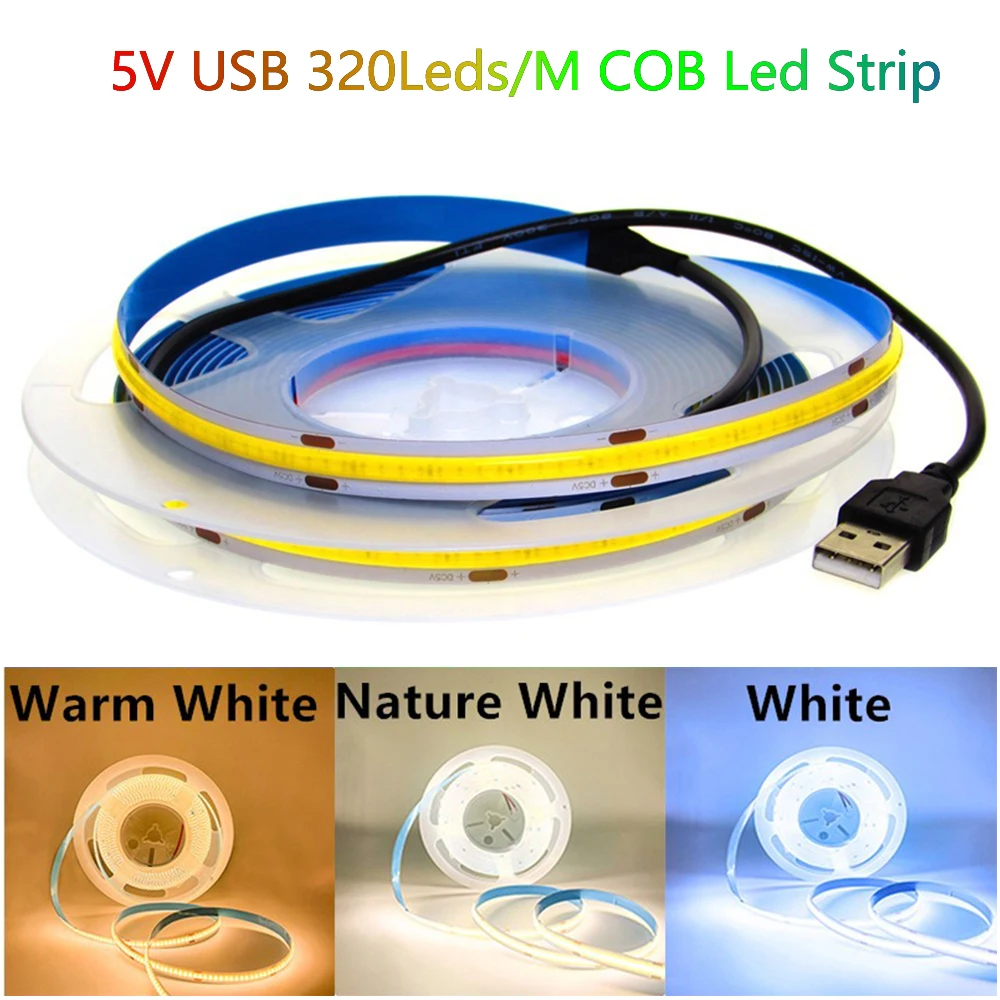 

USB 5V COB LED Strip Lights 320Leds/M 0.5m 1m 2m 3m 4m 5m COB LED Strips Lights High Density RA90 Flexible Tape Linear Dimmable