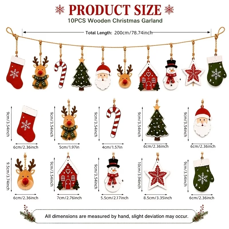 10pcs Christmas Wooden Ornaments Set Country Style Wooden Hanging Decoration Set Christmas Tree Winter Home Decor Holiday