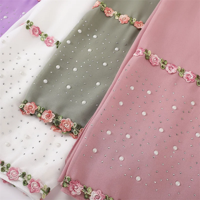 Rhinestone Polka Floral Bubble Chiffon Hijab Ramadan Beads Scarves Shawls Women Sunscreen Headscarf Outdoor Windproof Head Wrap