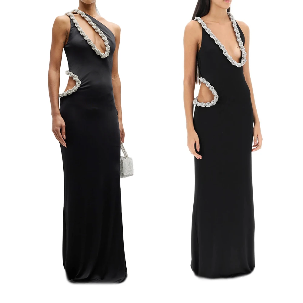Luxury Crystal Braided Rope Cut-Out Maxi Dress Sleeveless Off Shoulder Rhinestone Bodycon  Long Dress Cocktail Party
