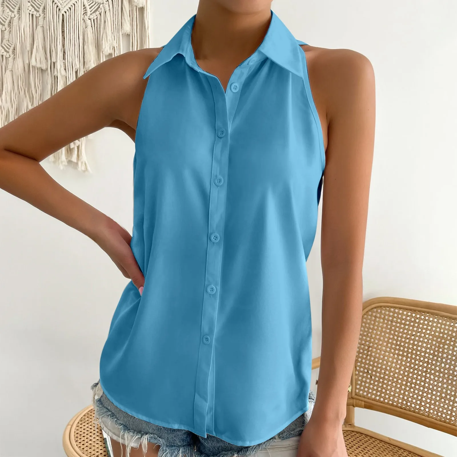 Women\'s Shirt Fashion Lapel Single Breasted Sleeveless Shirt Vest 2024 New Solid Color Solid Color Casual Loose V Neck Blouse