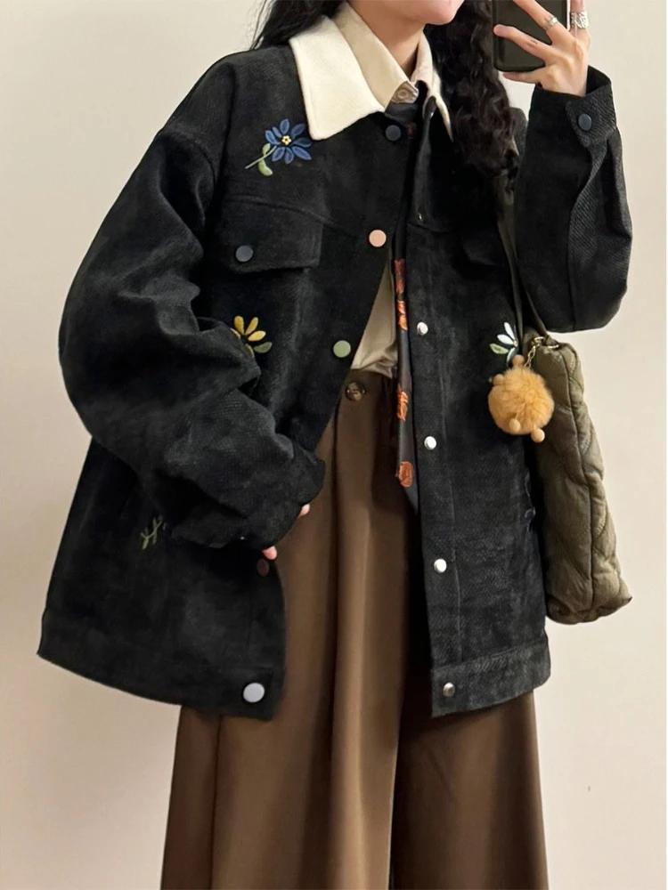 

2024, весенне-осенние пальто с длинными рукавами, контрастные цвета, куртки с цветочной вышивкой, американская винтажная свободная универсальная женская одежда