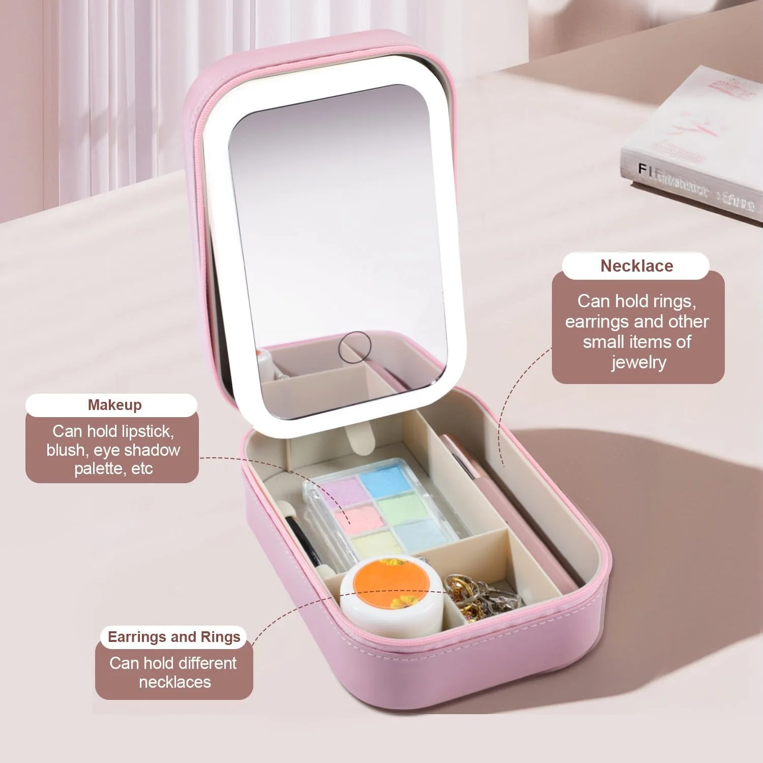 LED Three Color Adjustable Makeup Mirror, Colors Brightness Adjustable Makeup Mirror with Lights,Travel Makeup Bag with LED Adju