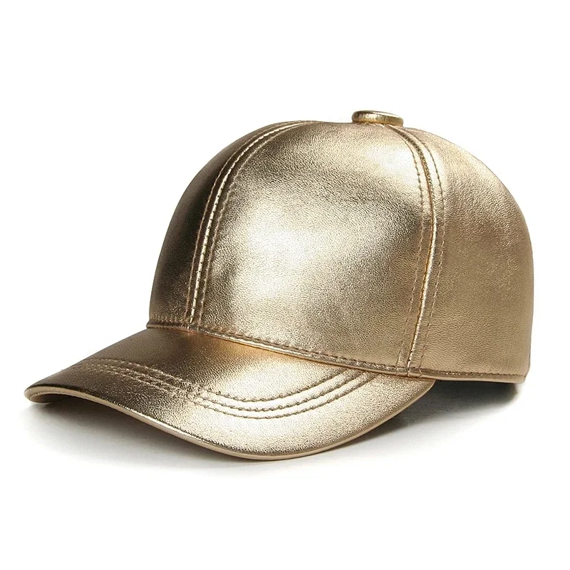 Winter Unisex Genuine Leather Baseball Cap Men Women Outdoor Casual Bright Golden/Silver Hip Pop Hat Male Hockey Snapback Chapeu