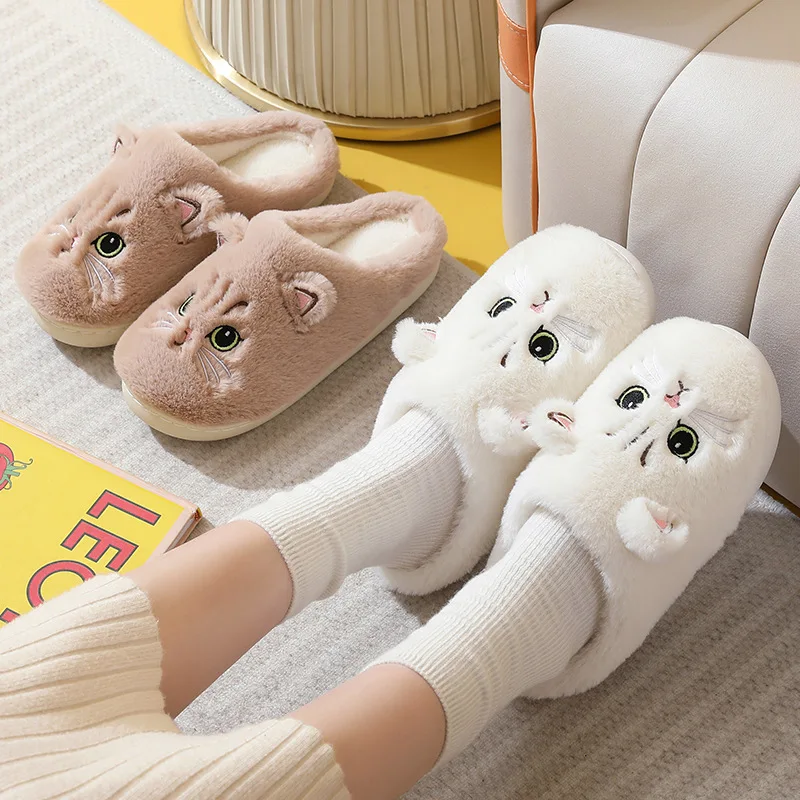 Autumn and Winter Cotton Slippers for Men and Women Couple Kitten Cartoon Cute Plush Slippers Home Warm Slippers Winter