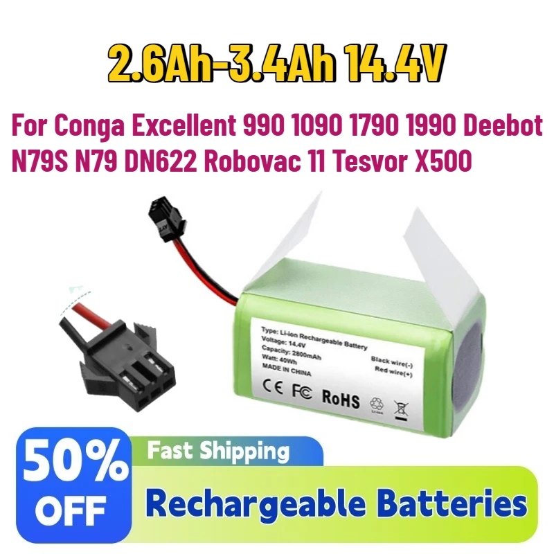 

Новая сменная батарея 2.6Ач-3.4Ач 14.4В для Conga Excellent 990 1090 1790 1990, Deebot N79S N79, DN622, Robovac 11, Tesvor X500
