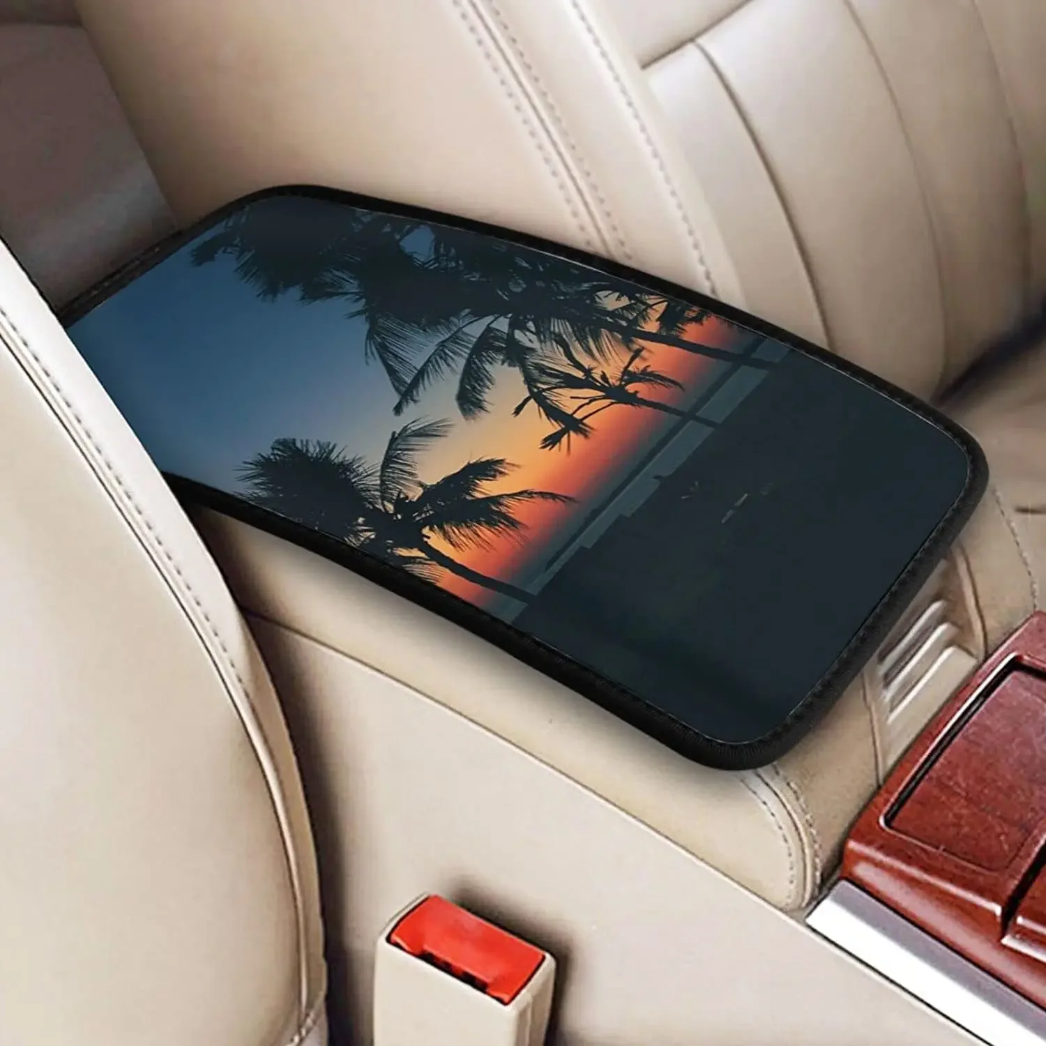 Beach Palm Trees Car Center Console Armrest Cover Pad, Seat Armrest Box Protector Universal Car Trim, Suitable for Most