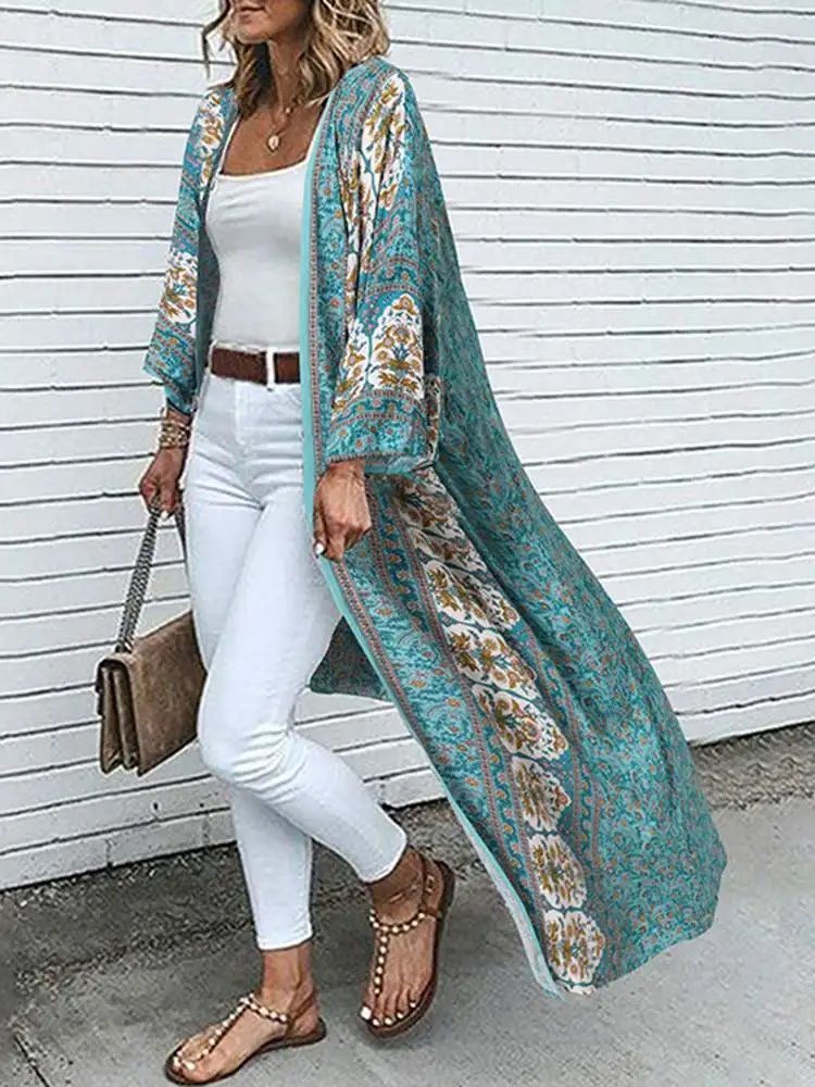 Bohemian Floral Printed Shirt Kimono ZANZEA Summer Beach Cardigan Women Open Front Long Sleeve Casual Blouse Vintage Long Tops