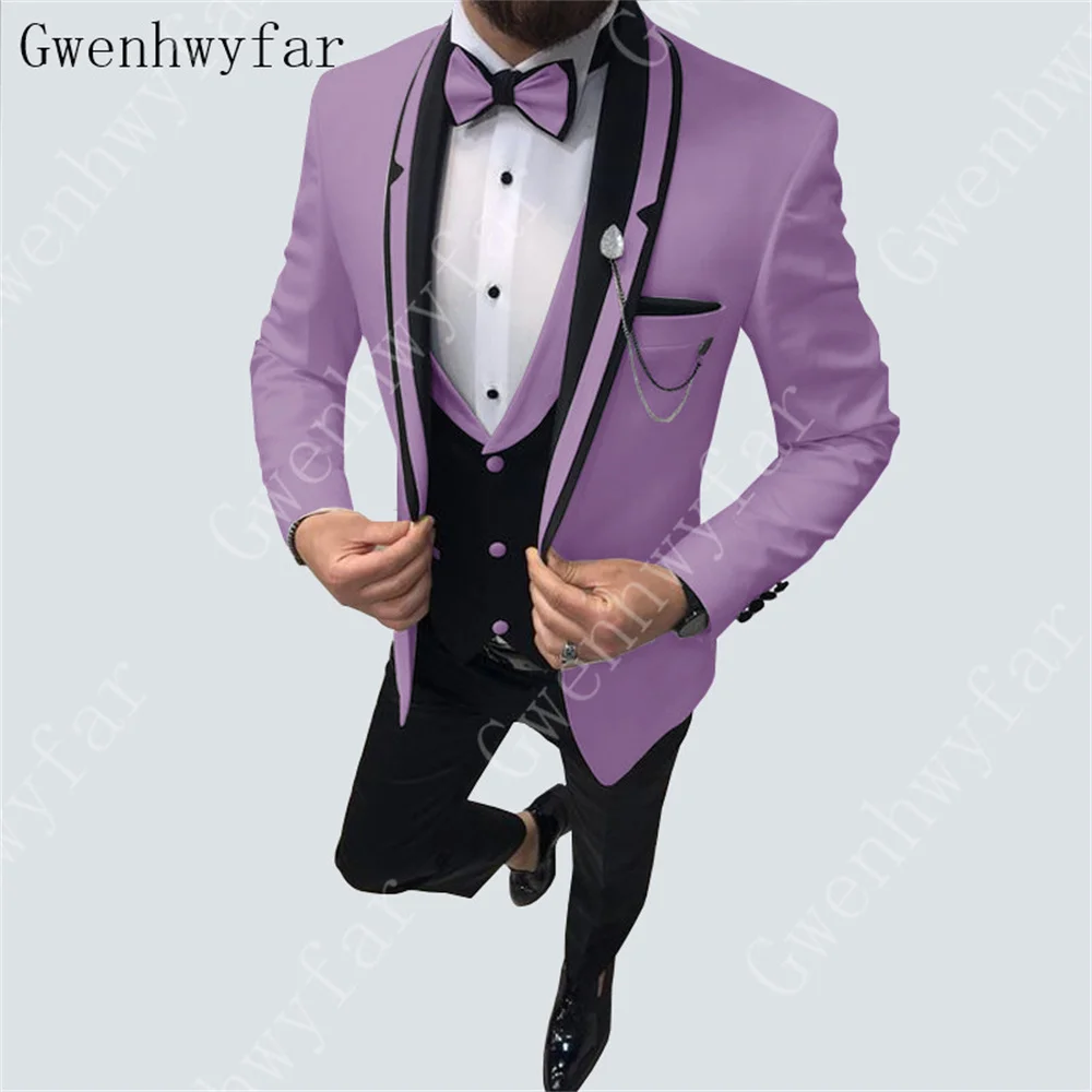 

Gwenhwyfar Lavender Business Party Best Men Suits Stitching Lapel Two Button Custom Made Wedding Groom Tuxedos Jacket Pants Vest