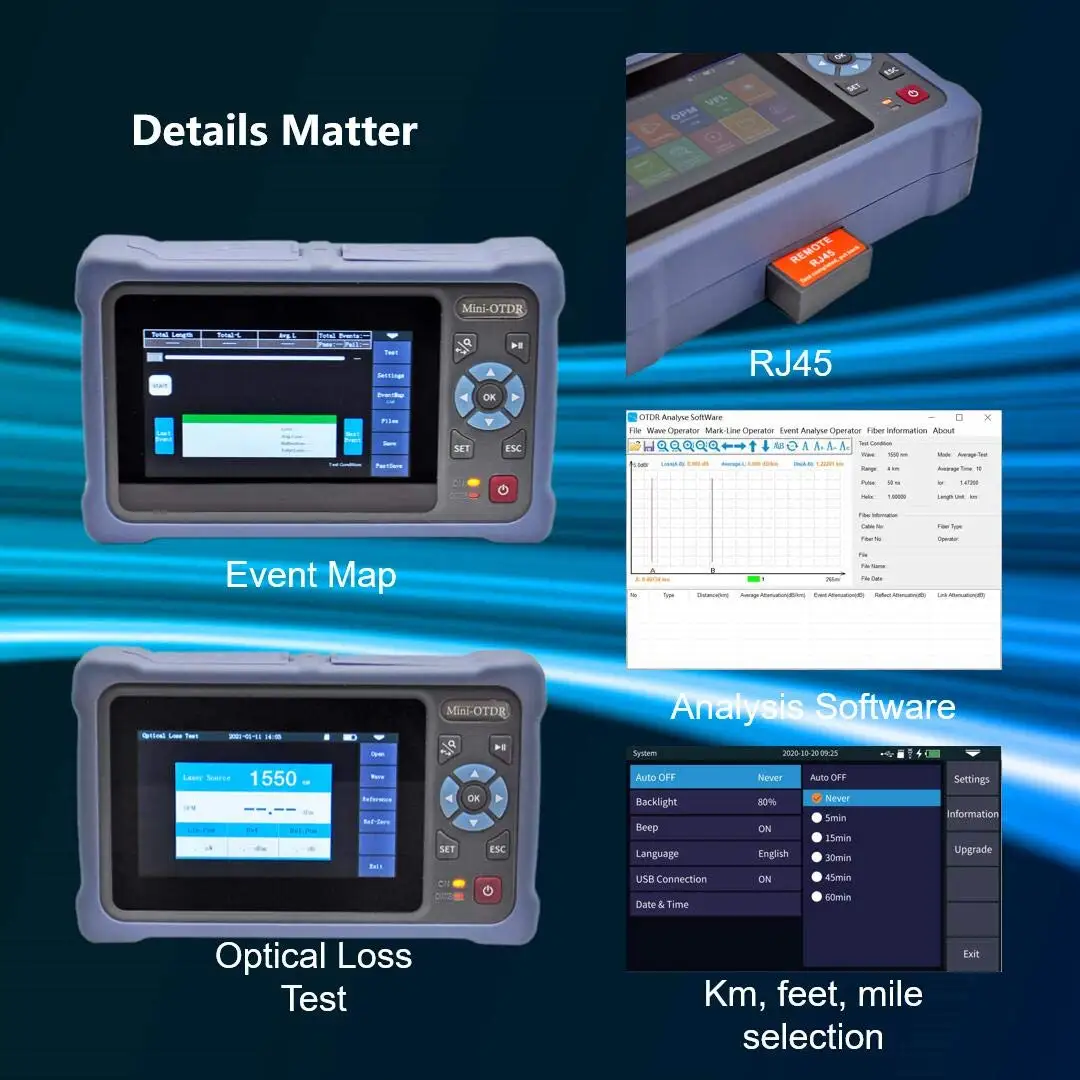 جهاز اختبار الألياف الضوئية SM 1310/1550nm 26/24dB 100 كجم مع شاشة لمس 4.3 بوصة، متعددة الوظائف