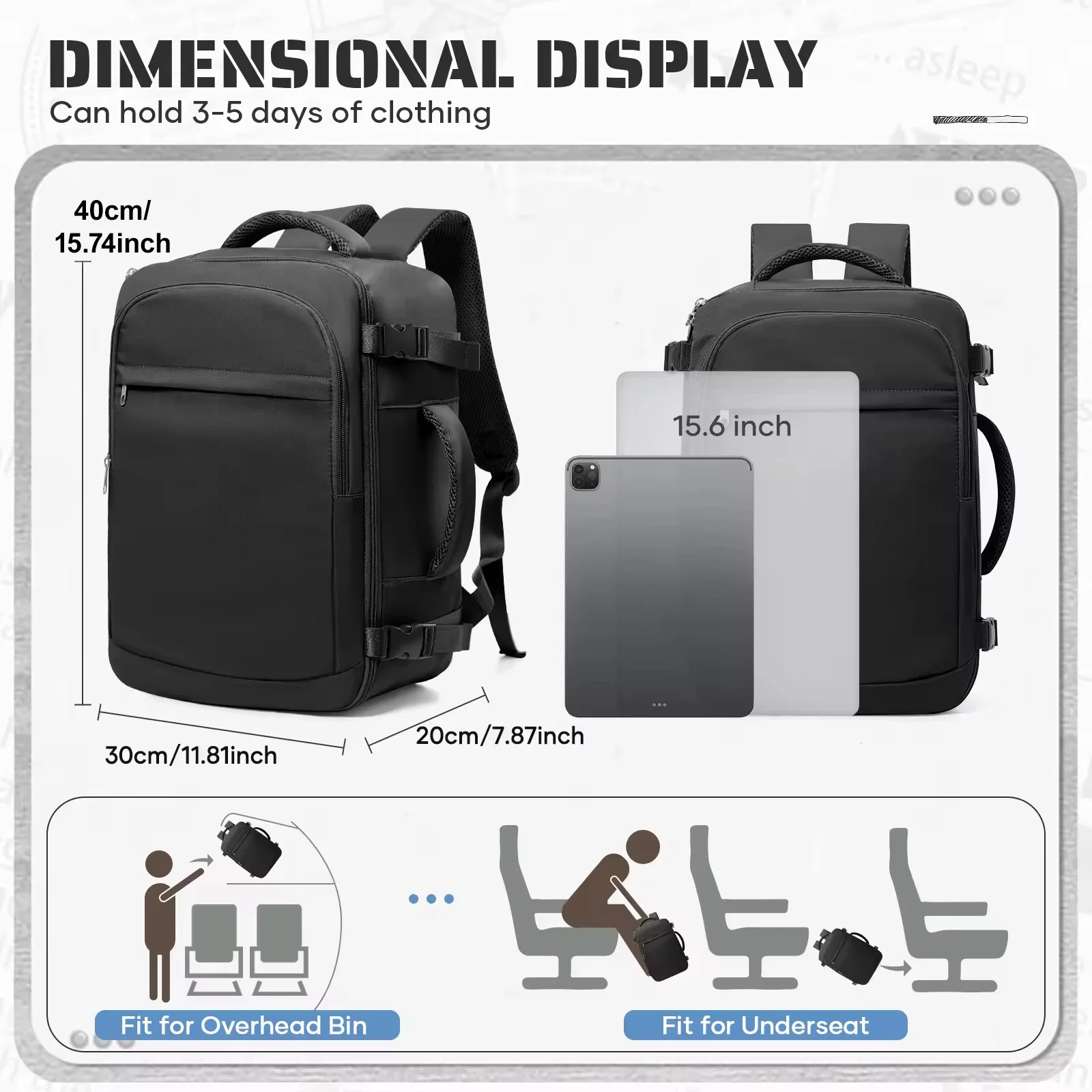 حقيبة ظهر للسفر بمقعد سفلي من المقصورة، حقيبة ظهر خارجية للنساء والرجال مع حقائب مفرغة وحقيبة ظهر قابلة للحمل، وأمتعة المقصورة 40 × 30 × 20 #2