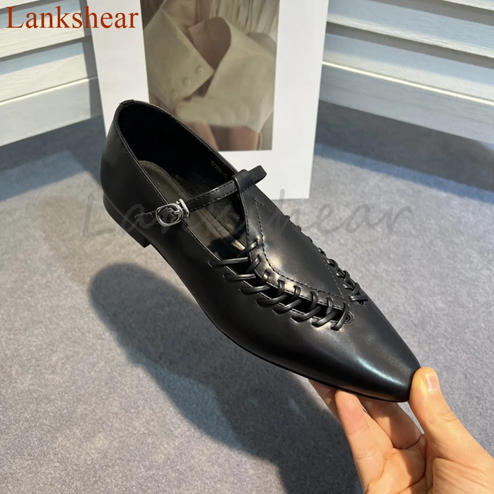 Round Toe Weave Women Shoes Flat Sole Cover Heel Solid Fashion Belt Buckle Patent Leather Summer Casual Women Shoes New Arrivals