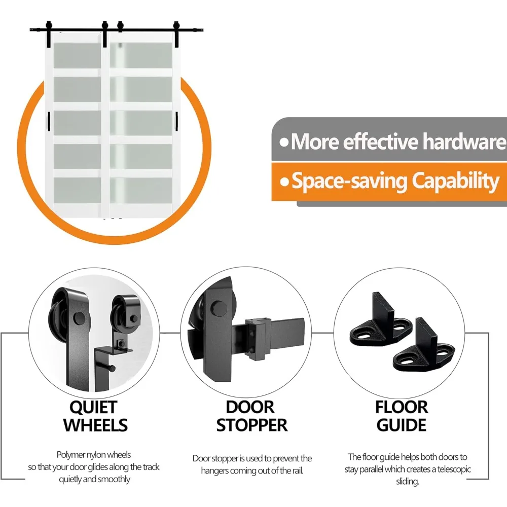 72 in.(36in.x 2) x 84 in. Bypass Barn Door, with 5 Lites Tempered Frosted Glass Door Panels & 6.6ft Bypass Hardware Kit