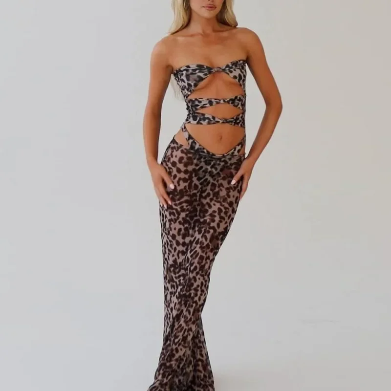 

Leopard Print 2 Piece Set Women Sexy Knot Hollow Out Strapless Bodysuits Tops + Sheer Mesh Bodycon Maxi Skirts Club Party Suits