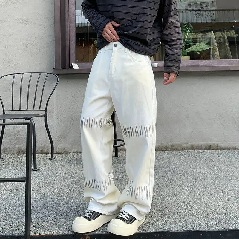 

Новая горячая распродажа сезона High Street Свободные прямые джинсы Осенние мужские повседневные потертые джинсовые брюки Винтаж Уличный стиль Повседневный