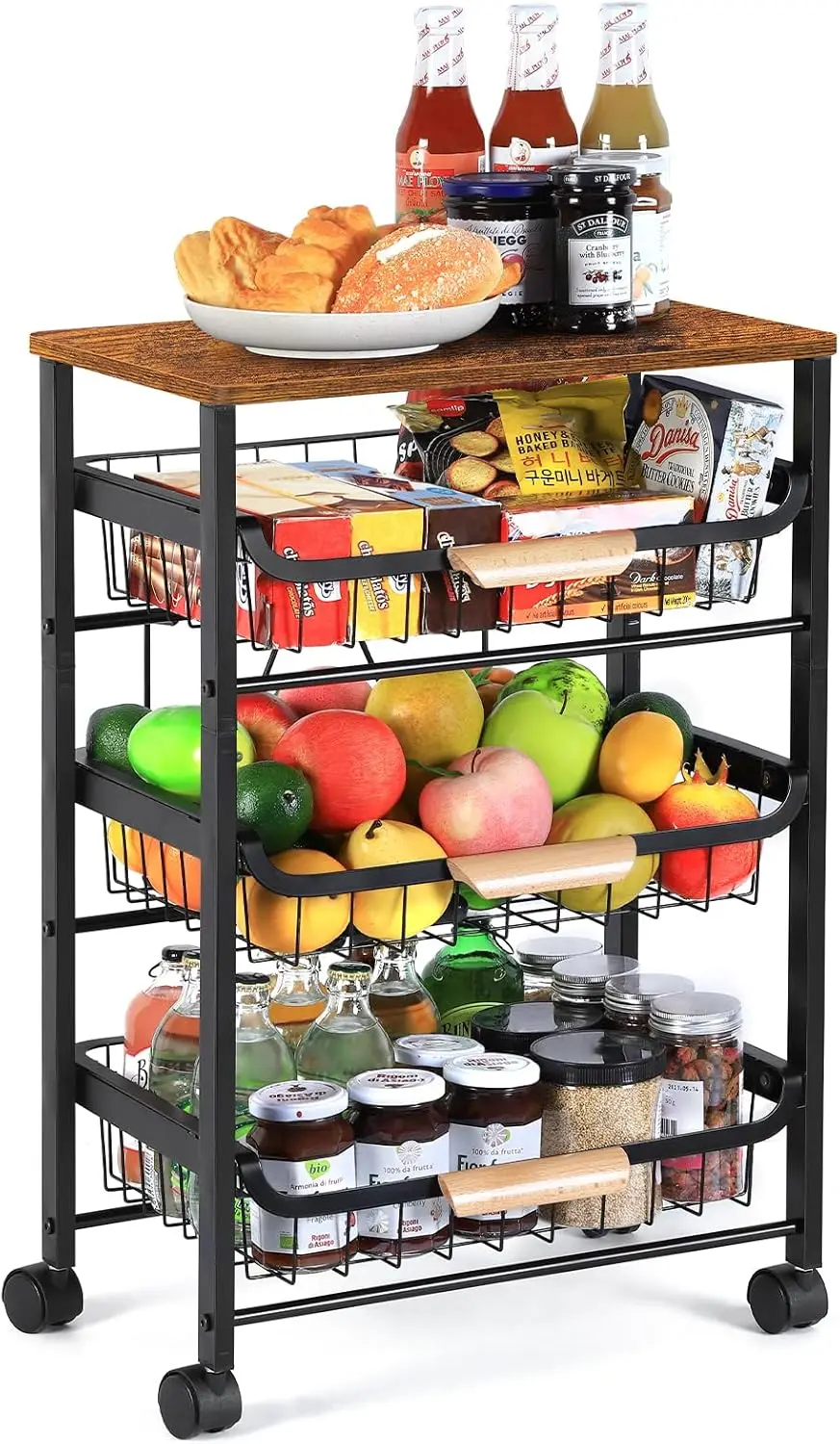 

Rolling Storage Cart, 4 Tier Kitchen Island Cart on Wheels with Pull-Out Baskets and Wood Top, Vegetable and Fruit Basket Stand