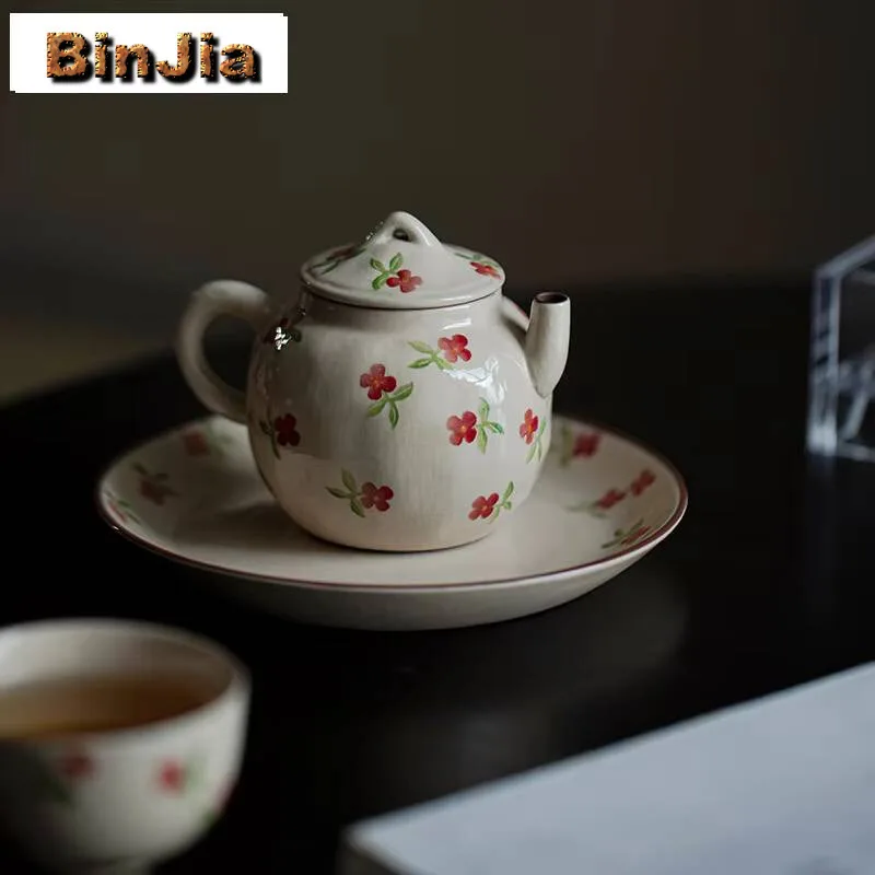 

135Ml Hand-Painted Small Red Flower Teapot Japanese Powder Yin Coarse Pot Tea Maker Kettle Handmade Kung Fu Teaset Ornaments