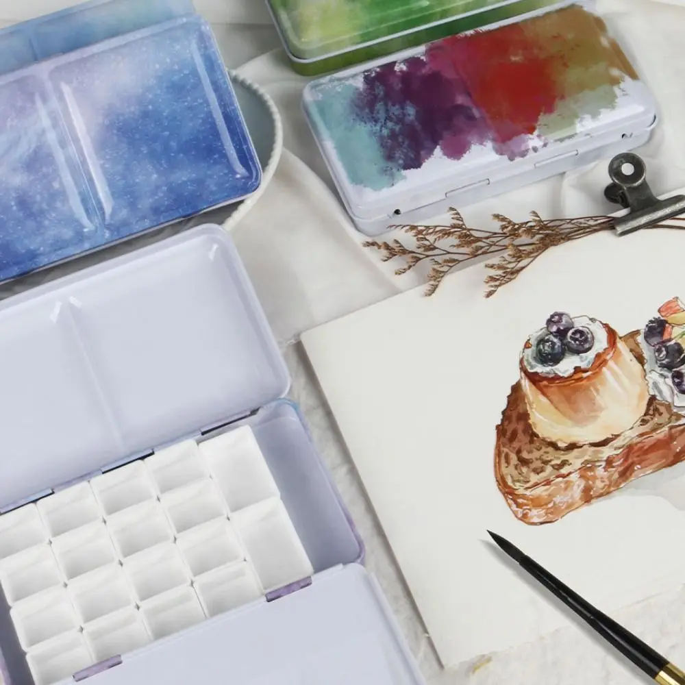 Metal Construction Watercolor Paint Box Portable Size Fold-Out Palette Folding Paint Box Small Size Lid Design