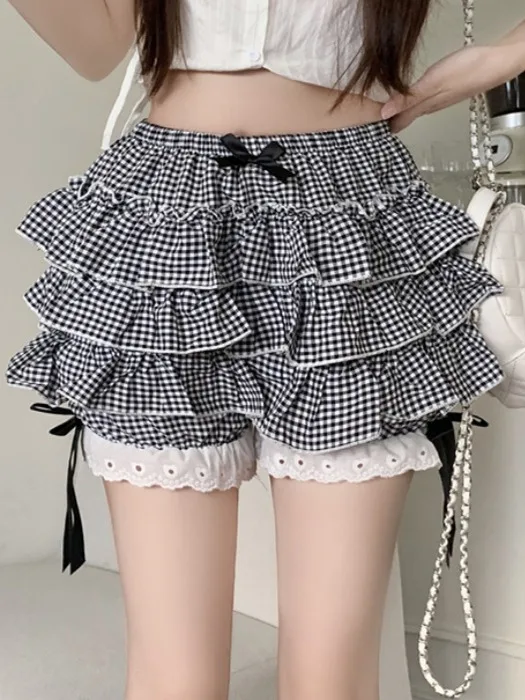 Lolita citrouille ort pantalon femme été Anti-lumière dentelle Plaid gâteau jupe pantalon a-ligne jupe moelleuse taille haute pantalons décontractés