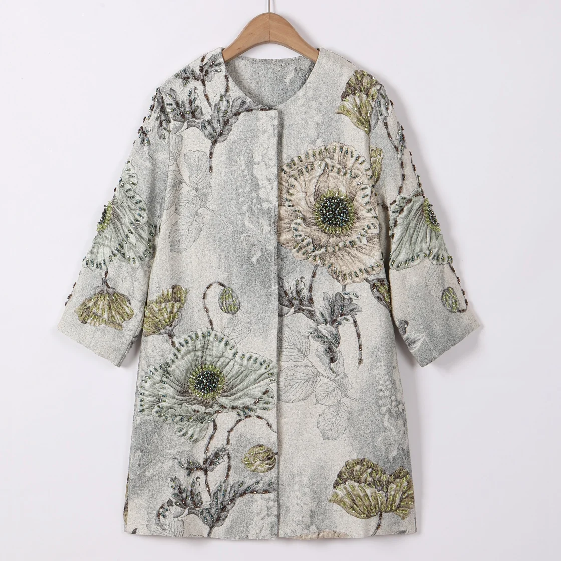 Meyyithun 2025 Luxury Vintage Embroidery Jacket Women Floral Beading Long Coat Wide Waisted O-neck Outwear Trench 2/3 Sleeves