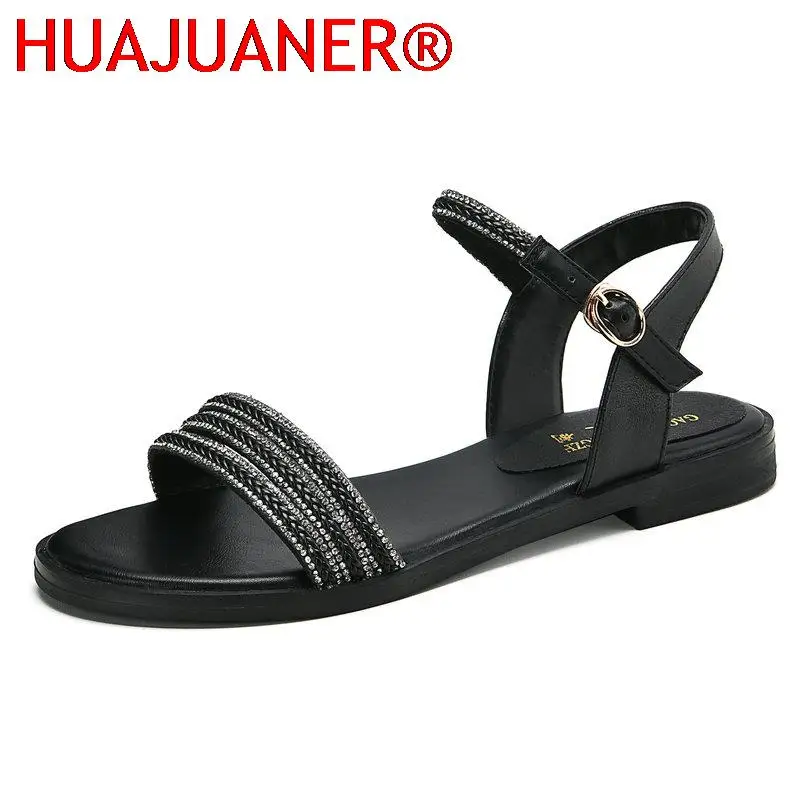 

HUAJUANER 2023 New Girl's Flat Sandals Women Genuine Leather Buckle Comfortable Beach Summer Casual Shoes Big size 42 43