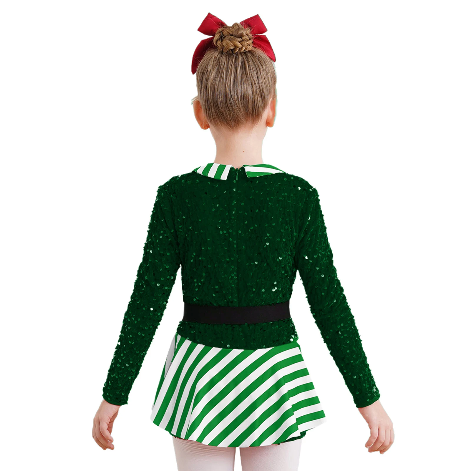 Kids Girls Christmas Candy Cane Costume Long Sleeve Sequin Stripe Ballet Dance Gymnastics Leotard for Carnival Party Performance