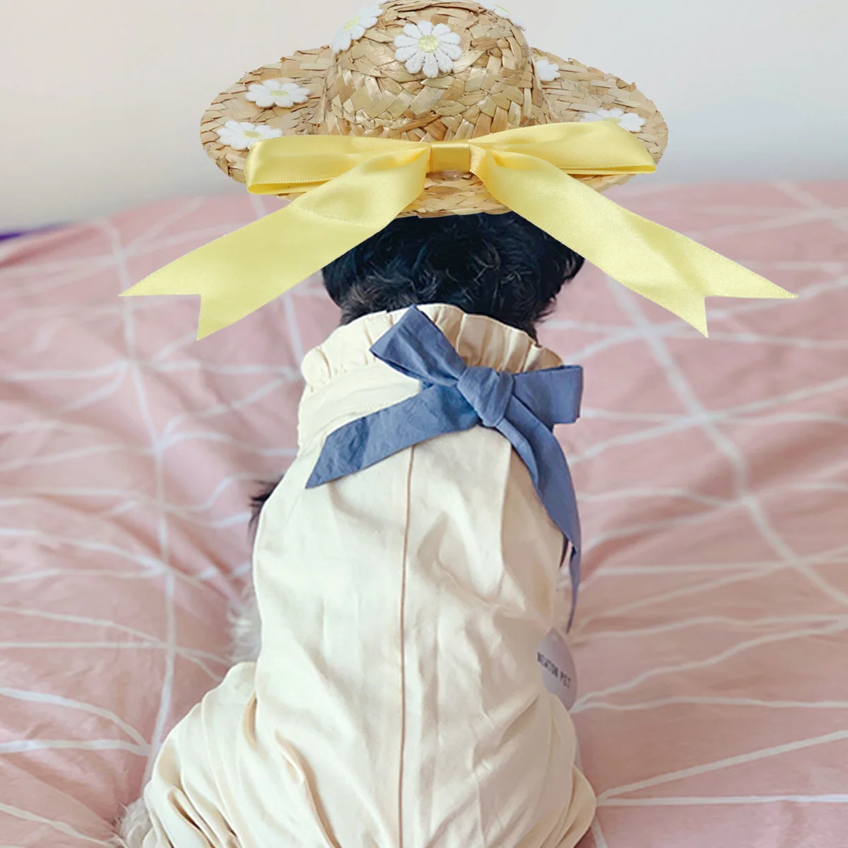 

Pet Straw Yellow Size L Handmade Floral Decor Dog Sun Hat For Summer Outdoor Party Use Lightweight Cat Dog Hat