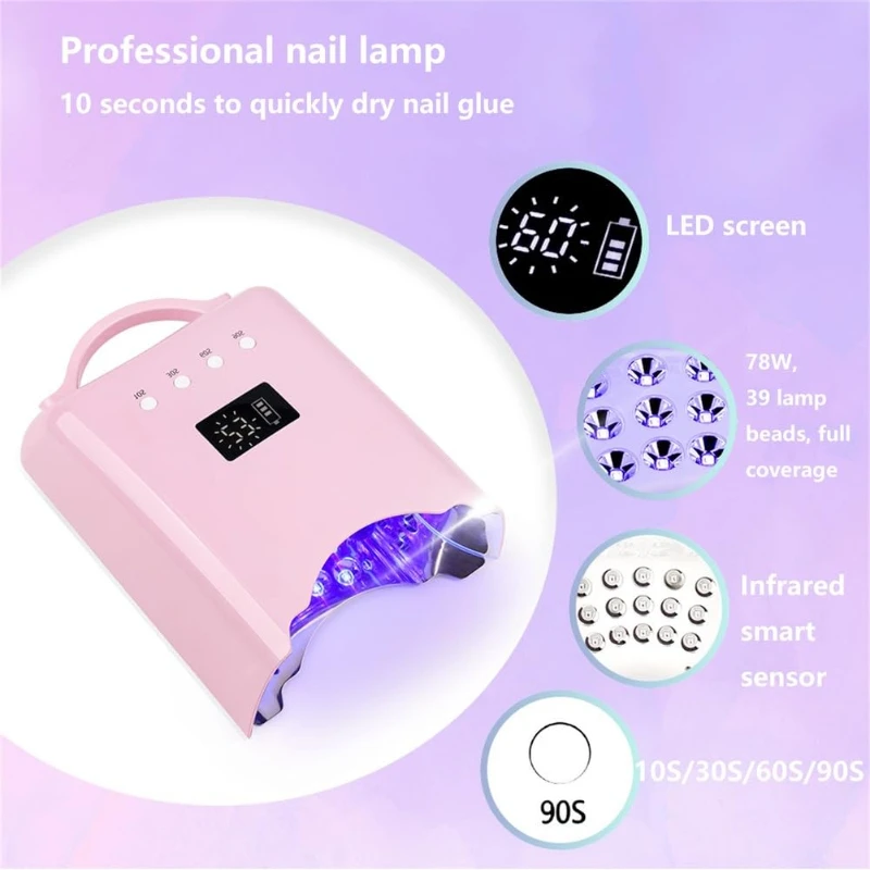 Lámpara de curado de uñas UV inalámbrica y recargable, 78W, con 4 pantallas LCD, temporizador, Sensor automático para todos los tamaños de manos y longitudes de las uñas