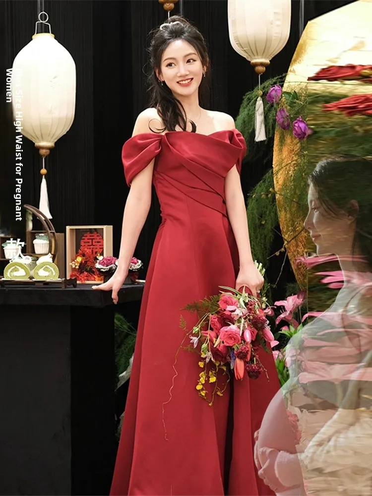 

plus Size Satin One oulder Wedding Dr Conceal Belly Slimming Red Skirt for Engagement Par KTV Long A-Line Gown