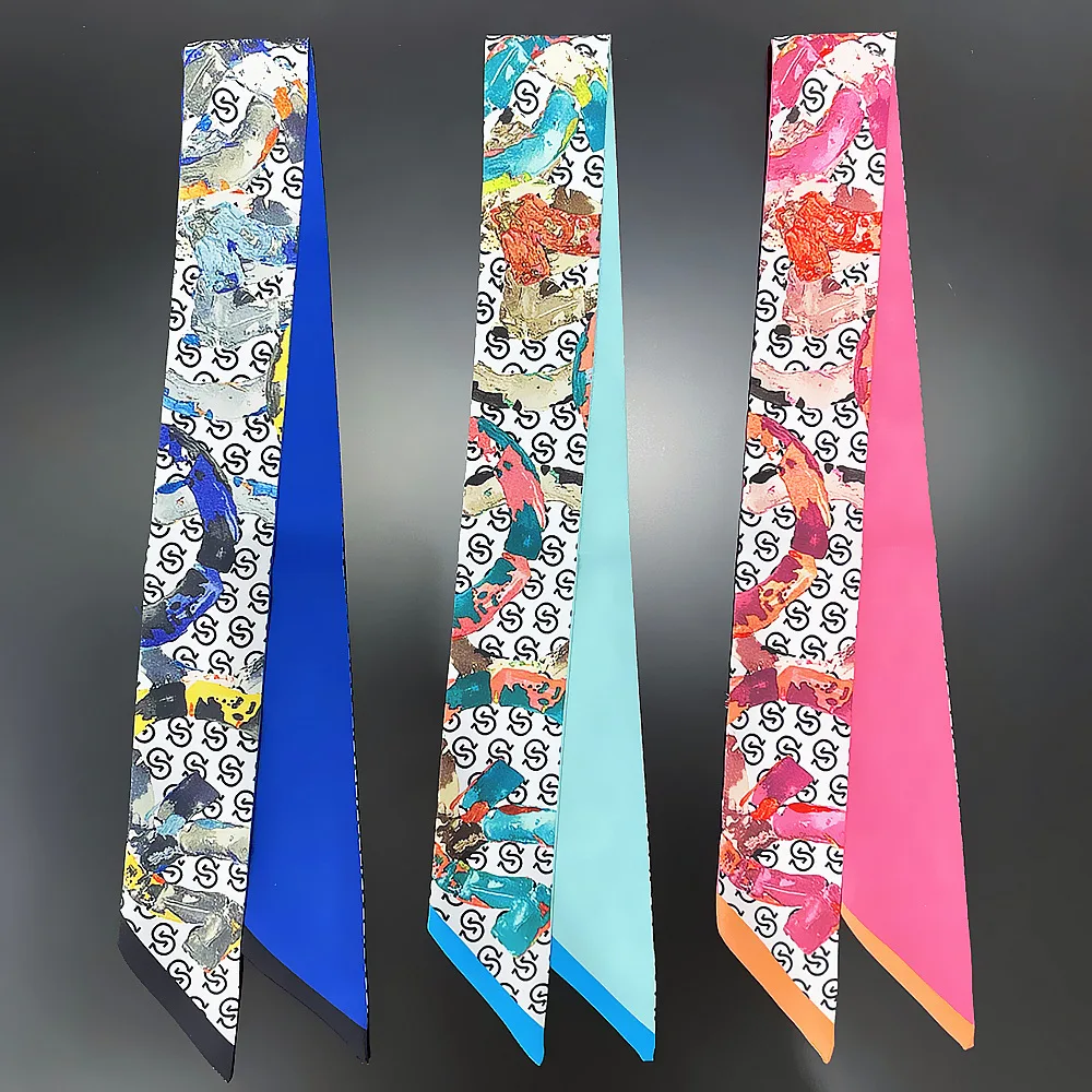 

Классическая повязка на голову для женщин, узкий длинный шелковый шарф с принтом из саржевого переплетения, аксессуары для волос, оберточная сумка, шарф, бандана, шейный платок