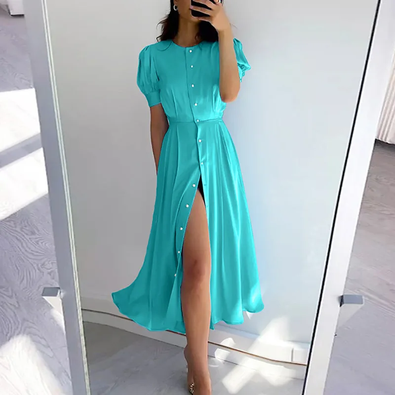 Classic Solid Split Sexy Dresses for Women 2023 Summer Elegant Lantern Sleeve O-Neck فساتين طويلة Women's Button Shirt Dress 원피스