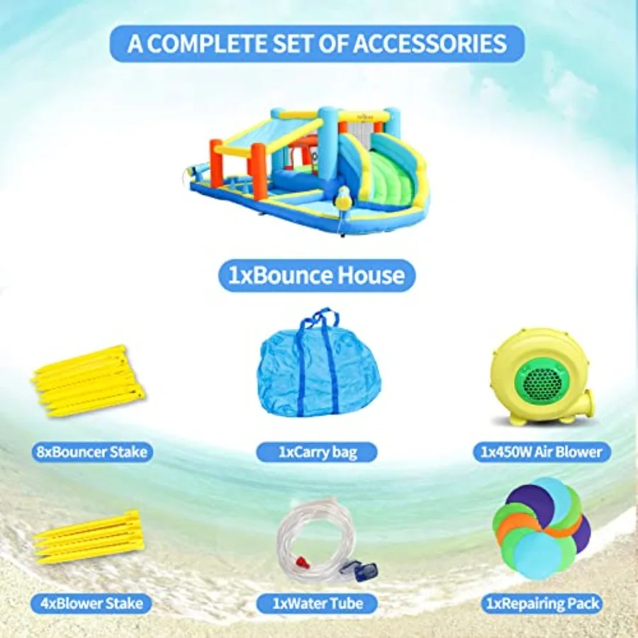 Backyard inflatable water slide bounce house for kids PVC material blue and yellow dual wet/dry use with quick-dry mesh view 6